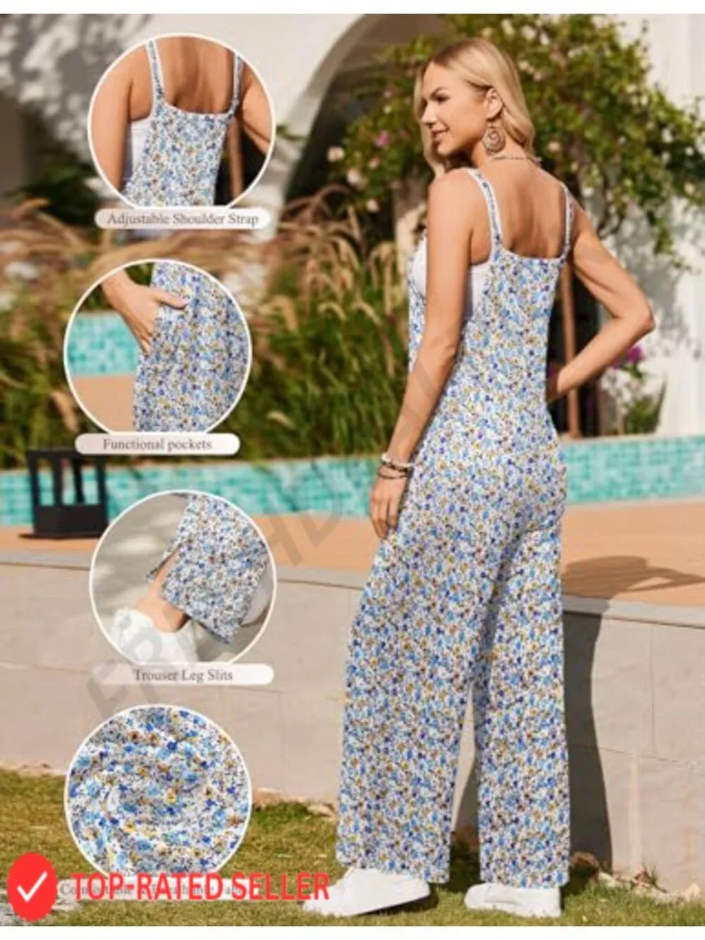 Floral Boho Jumpsuit for Women Wide Leg Summer Sleeveless Romper with Pockets